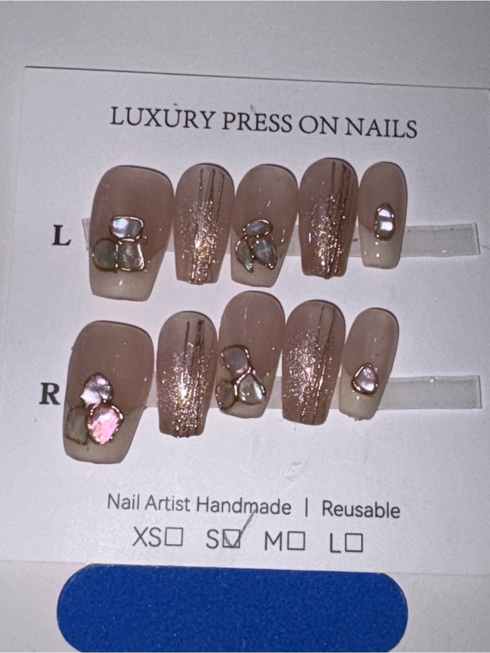 Handmade Nude Pink Press-On Nails with Gold Glitter & Shell Accents